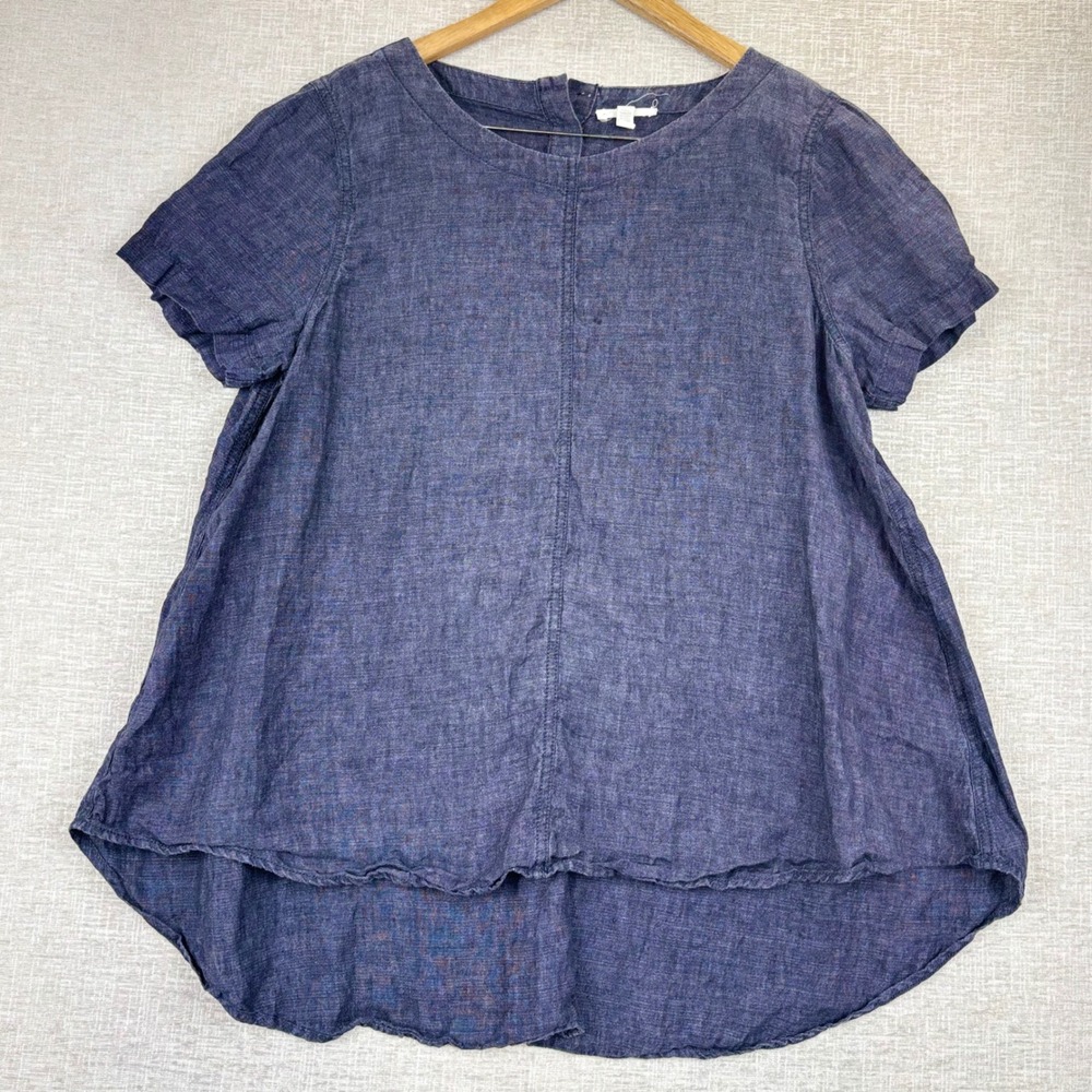 Eileen Fisher Womens Large Navy Blue Linen Short Sleeve High Low Hem Blouse